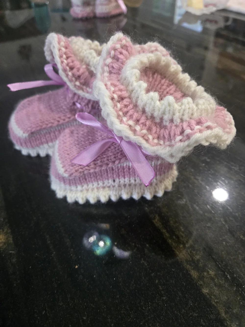 Hand-Knit Baby Booties with Ribbon - Pink and White